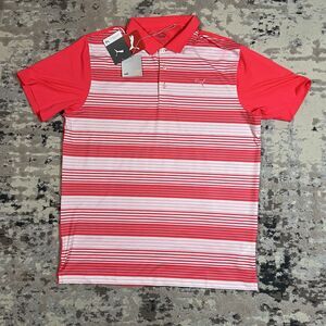 PUMA Golf Dry Cell Par 4 Polo Plasma Pink Stripes Shirt Sz L Men NWT New Perform